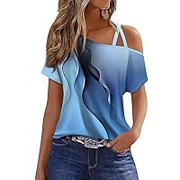 Summer Shirts for Women One Shoulder Short Sleeve Asymmetrical Neck Tops Criss Cross Hollow Blouses Floral Print Tee
