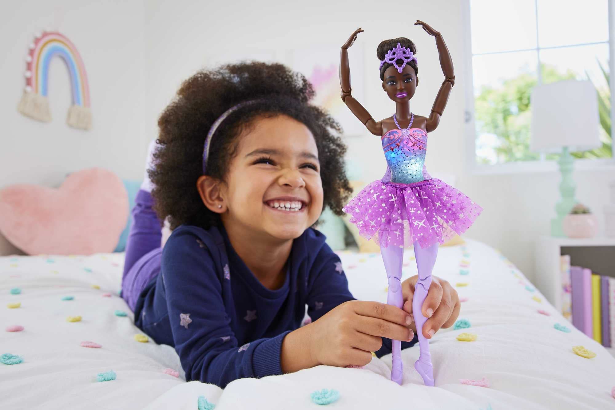 Barbie Dreamtopia Doll, Twinkle Lights Posable Ballerina with 5 Light-Up Shows, Sparkly Purple Tutu, Black Hair & Tiara