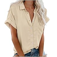 Womens Blouses Dressy Casual Button Down Shirts Summer Tops 2024 Fashion Loose Short Sleeve Lapel V Neck Solid Tunic Shirt