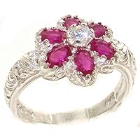 Solid 925 Sterling Silver Womens Ruby & Cubic Zirconia CZ Vintage Art Nouveau Flower Ring - Sizes 4 to 12
