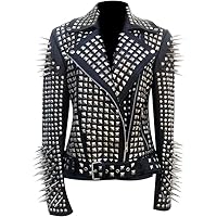 Women Steam Punk Black Pyramid Silver Studded Long Spiked Fashion Brando Biker Leather Jacket