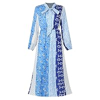HAN HONG Women's Retro Hit Color Blue Print Bowknot Long Shirt Dress Women's Elastic Waist Chic Lapel Business Vestido