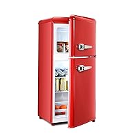 Retro Refrigerator with Freezer, 3.2 Cu. Ft Mini Compact Refrigerator fridge for Kitchen/Garage/Office/Apartment, Double-Door Fridge, Adjustable Thermostat, Removable Glass Shelves (red)