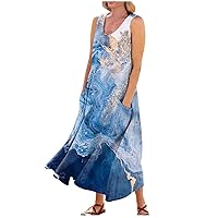 Linen Dresses for Women 2023 Sleeveless Dress for Women 2024 Marble Print Fashion Loose Fit Casual Trendy U Neck Dresses with Pockets Royal Blue 5X-Large
