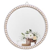 17 Inch Boho Wall Mounted Mirror, Circle Decorative Hanging Mirror,Round Mirrors with White Wooden Beads,Wall Decor for Bathroom,Living Room,Bedroom,Nursery (17inch)