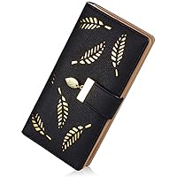 Women Leather Purse with Gold Hollow Leaves For Women with Coin and Card Holders Clutch Zipper Wallet Handbag (Black)