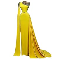 Yellow Satin Crystals Mermaid Prom Evening Shower Party Dress Celebrity Pageant Gown