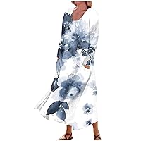 Fall Winter Plus Size 3/4 Sleeve Midi Dress,Casual Trendy Smocked Flowy Dress Formal Elegant Floral Cute Party Dress