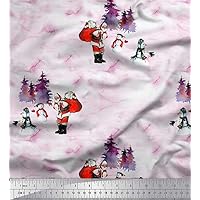 Soimoi Cotton Cambric Pink Fabric - by The Yard - 56 Inch Wide - Snowman, Santa & Tree Christmas Wonderland Cloth - Jolly and Charming Patterns for Festive Home Goods Printed Fabric
