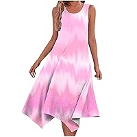 Tie Dye A-Line Sundress Women Irregular Hem Summer Sleeveless Beach Dress 2024 Casual Scoop Neck Flowy Midi Dresses