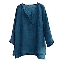 Summer Linen Shirts for Men Casual Long Sleeve V Neck Comfy Henley Shirts Breathable Loose Blouses Vocation Beach Shirts