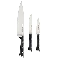 T-fal Ice Force Stainless Steel Chef knife, Utility knife, Paring knife, 3 Piece, Long Lasting Sharpness, High Cutting Precision, German Stainless Steel, Kitchen Knife Set, Kitchen Tool, Black