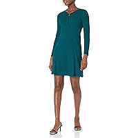 Donna Morgan Women's Long Sleeve Fit and Flare Crepe U-Ring Trim Dress Workwear Career Office Event Guest of, Deep Lagoon