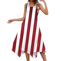 Summer Dresses for Women 2024 Sleeveless Crew Neck Casual Tank Dress Midi Handkerchief Hem Flowy Beach Sundress