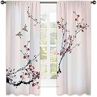 Nature Blackout Heat Insulation, Flowers Buds and Birds with Cherry Branches Style Art Painting Effect, for Living Room or Bedroom, W52 x L84 Inch Burgundy Black