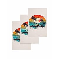 Tropical Palm Coconut Kitchen Dish Towels for Drying Dishes Set of 3, Waffle Weave Microfiber Terry Hand Tea Bathroom Towels Quick Dry & Absorbent Towels 15.7x23.6 Summer Island Bird Graffiti Seascape