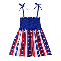 Toddler Girl 4th of July Smocked Strap Dress Stripe Print Sleeveless Suspended American Flag Girls Dress&Skirt