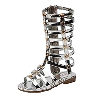 Girls Knee High Top Rivet Gladiator Sandals Fashion Summer Dress Flats Girls Zipper Boots Shoes