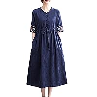 Floral Embroidered Mexican Peasant Midi Dresses for Women Half Sleeve V Neck Button Tie Waist Cotton Linen Tshirt Dress
