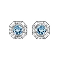 6mm Round Aquamarine 925 Sterling Silver Hexagon Minimal Minimalist Women Stud Earrings