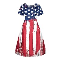 4Th of July Dress Women, Womens Casual Vintage Printed Short Sleeve Waisted Midi Long Flowy Dresses Dress, S, 5XL