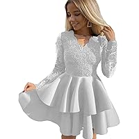 Women's Long Sleeves V Neck Short Lace Prom Homecoming Dresses with Tired Skirt 2023 Juniors Party Gown