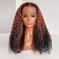 180% Density Soft Highlight Blonde Kinky Curly Silk Human Hair Wig 13x6 HD Transparent Lace Front Wig 1b30 Color Deep Wave Brazilian Hair Glueless Wigs with Baby Hair Bleached Knots 20inch