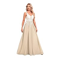 Lace Appliques Glitter Prom Dresses Long A Line Formal Dresses for Women V Neck Evening Gown UU42