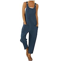 YZHM Women's Sleeveless Casual Jumpsuits Button Strap Loose Overalls with Pockets Cotton Linen Rompers Straight Legs Playsuit