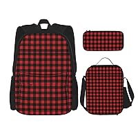 Plaid Red and Black Backpack Travel Daypack With Lunch Box Pencil Bag 3 Pcs Set Casual Rucksack Fashion Backpacks