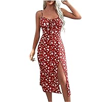 Beach Dress for Women Tie Front Frill Sleeveless Cami Midi Dress Floral Printed Summer Sundress Side Split Thigh Dress