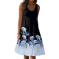 Sundresses for Women,Womens Cute Print Crewneck Sleeveless Summer Dresses Pleated Flowy Tank Dresses with Pockets