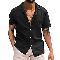 Mens Button Down Shirts Solid Relaxed-Fit Summer Tops Dress Linen Shirts Short Sleeve Casual Cotton Hawaiian Shirts