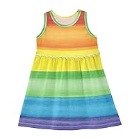 Girls Sleeveless Dress Horizontal Lines Watercolor Rainbow Stripes Adorable Tank Play Sundress 2T-8T