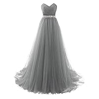 Women's Strapless Prom Dress Tulle Princess Evening Gowns with Rhinestone Beaded Belt