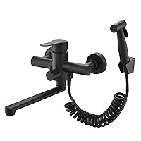Wall Mount Tap, with Spray Gun, Kitchen Sink, Stainless Steel, Hot and Cold Water Tap,Rotatable Taps/Black
