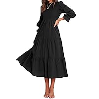 BTFBM Women Casual Long Sleeve Crew Neck Fall Dress Bohemian Relaxed Fit Floral Flowy Maxi Dresses Tiered Cocktail Dress(Solid Black,Small)