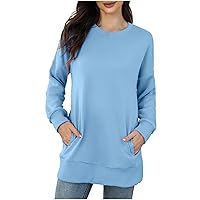 Womens Casual Tunic Sweatshirts Long Sleeve Round Neck Shirts with Pockets Fall Solid Color Long Sweatshirt Tops