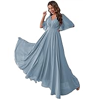 Women's Flutter Sleeve Chiffon Bridesmaid Dresses Long V-Neck Formal Wedding Party Dress with Pockets R021