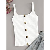 Button Front Rib-Knit Cami Top (Color : White, Size : Small)