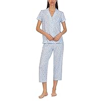 LAUREN Ralph Lauren Short Sleeve Notch Collar Capris PJ Set Blue Floral MD (US 8-10)