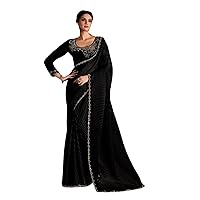 Black Stylish Trendy Woman Designer Crush Pleated Silk Saree Blouse Zarkan work Border Indian Cocktail Sari 2927