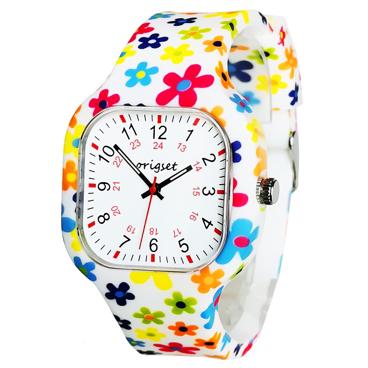 origset Women Watch Square 24 Hour 3-Hand Easy to Read Time for Nurse Medical Students Teachers Doctors Colorful Water Proof