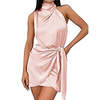 ZESICA Women's 2024 Fashion Satin Sleeveless Halter Neck Tie Waist Wrap Bodycon Cocktail Party Mini Dress