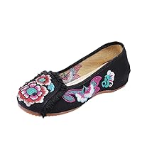 Flower Embroidered Women Tassel Fabric Slip On Flat Shoes Comfortable Canvas Ballet Flats Chinese Style Shoes