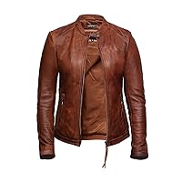 Womens Genuine Leather Biker Jacket Lambskin Vintage (Tan, M)