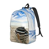 Canvas Backpack For Women Men Laptop Backpack Boat On The Beach Travel Daypack Lightweight Casual Backpack