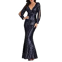 Ladies Sexy Sequin Wrap Dress Deep V Neck Long Sleeve Ruched Bodycon Cocktail Dress Party Night Club Formal Maxi Dresses