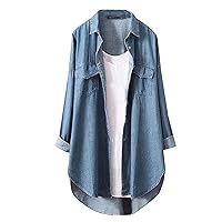 Womens 2023 Casual Long Sleeve Denim Cardigan Lapel Single Breasted Shirt Tops Fall Asymmetrical Hem Boyfriend Coat