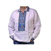 Rushnichok Ukrainian Vyshyvanka Mens Shirt Handmade Embroidered White Linen red Black Stitch Pattern